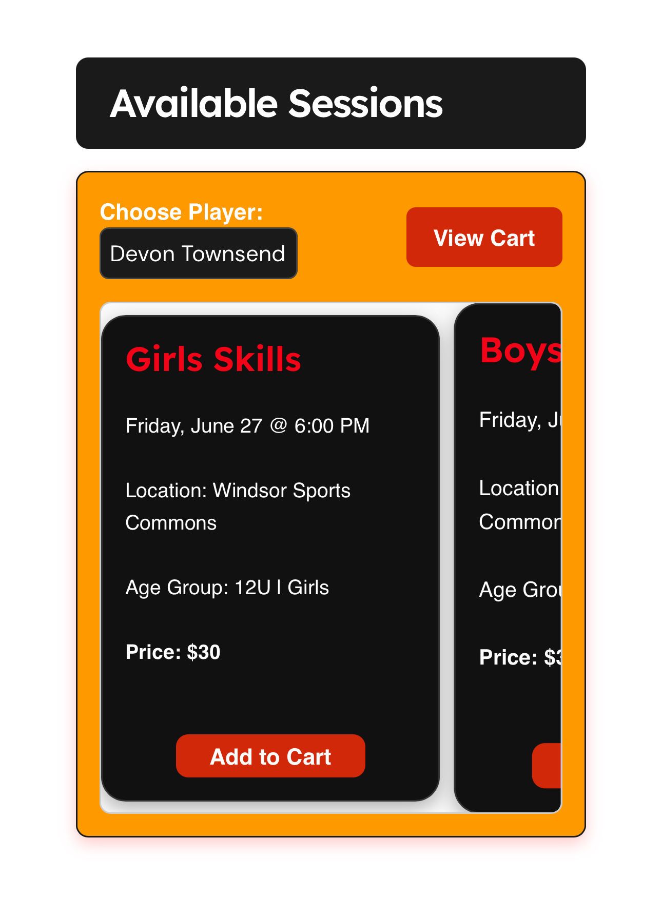 Available lacrosse sessions with sign up buttons for players at XFactor
