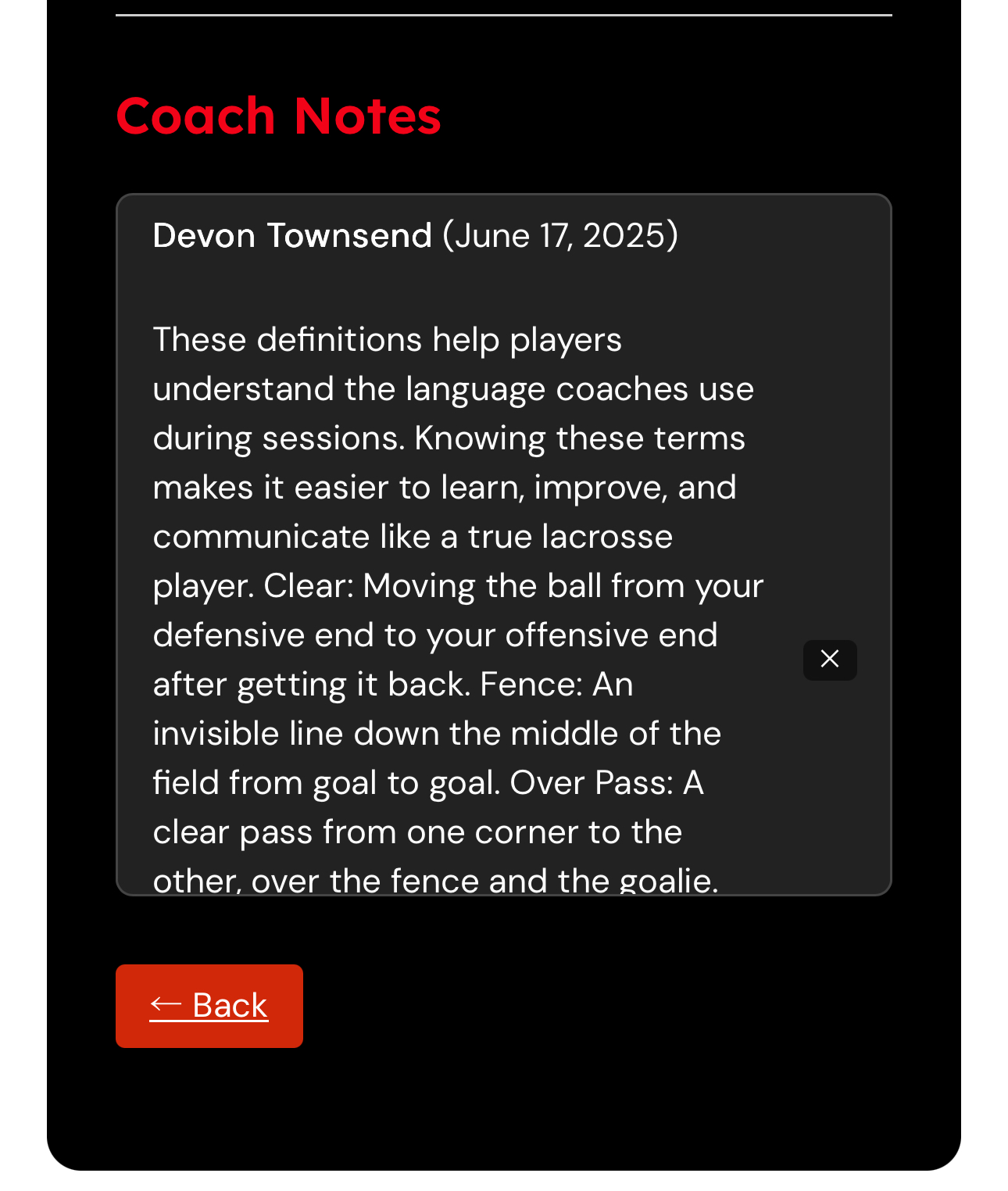 Coach notes screen showing personalized feedback for youth lacrosse players