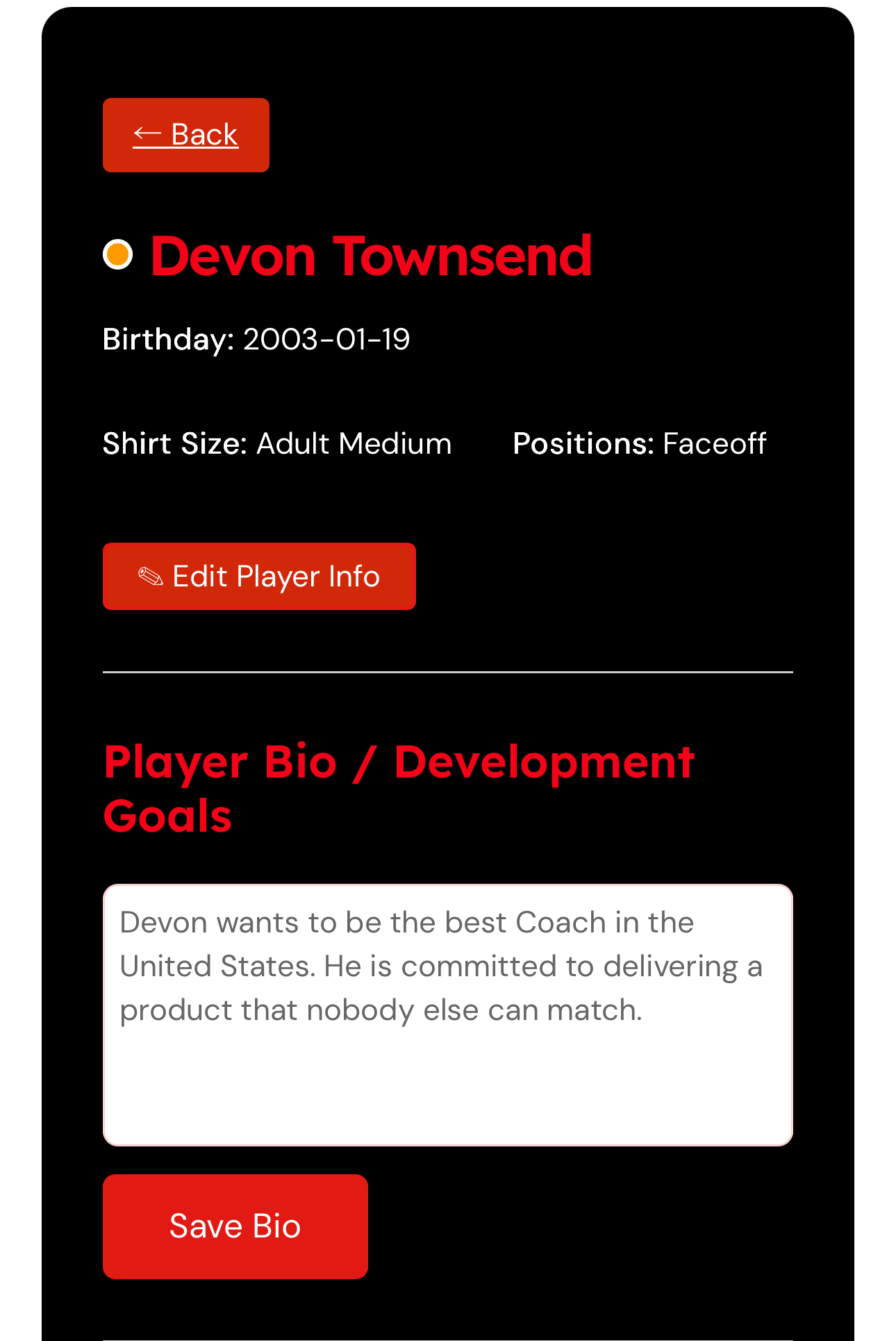 XFactor Lacrosse player profile showing skill focus and session tracking